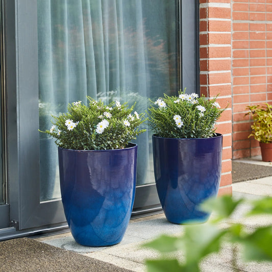 Glitzhome 16.75"H Set of 2 Oversized Eco-Friendly PE/Resin Faux Ceramic Tall Plastic Planter Porch Pot