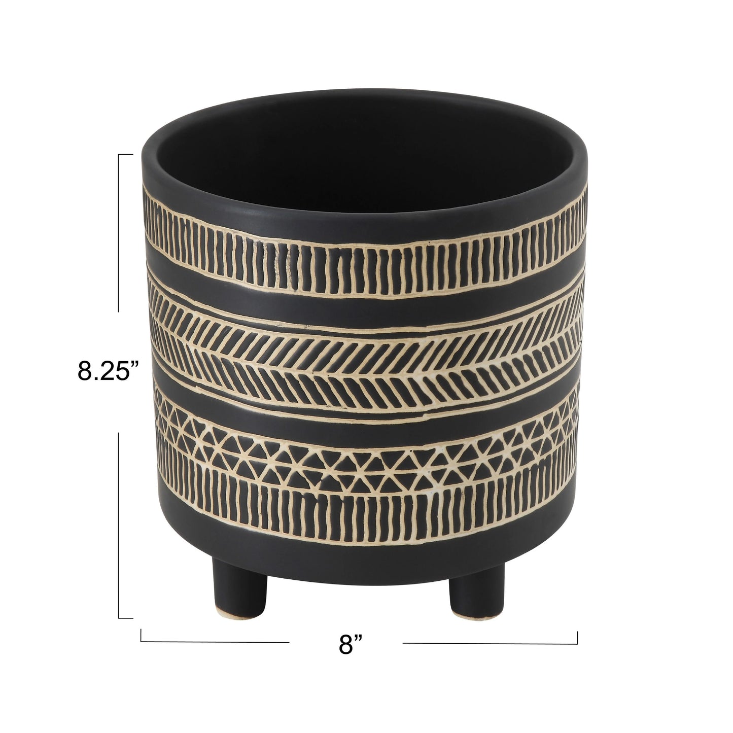 Black Cylindrical Stoneware Flower Pot w/ Geometric Goldtone Overlay
