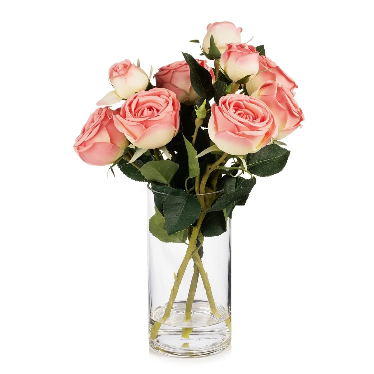 Enova Home Artificial Silk Rose Flowers in Clear Glass Vase with Faux Water for Home Office Wedding Decoration - N/A