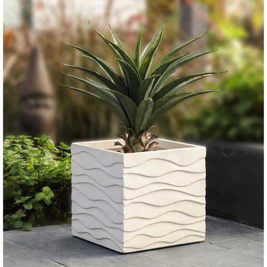 White Waves Square MgO Planter, Indoor & Outdoor - 13.98" H x 14.17" W x 14.17" D