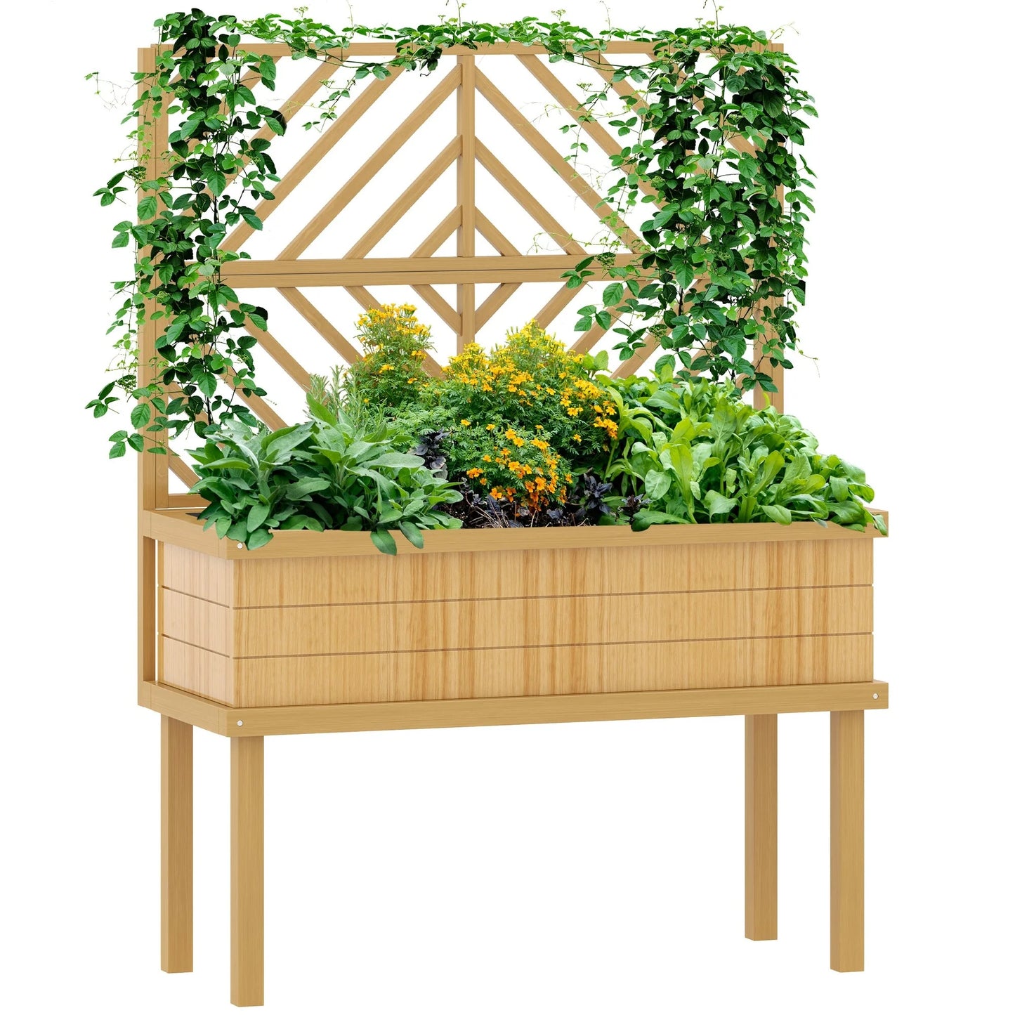 Outsunny Raised Garden Bed with Trellis for Climbing Plants, Vegetable, Grape Vines, Flowers, Wood Planter with Legs