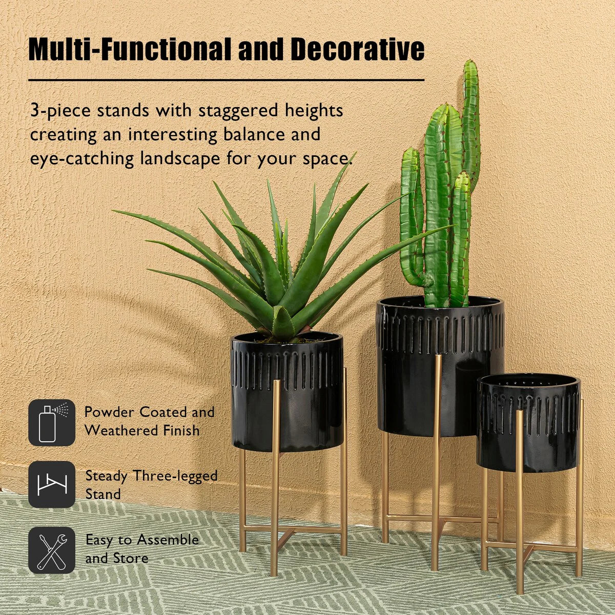 Glitzhome Set of 3 Modern Metal Cachepot Planters with Stands Plant Flower Pot Indoor Outdoor