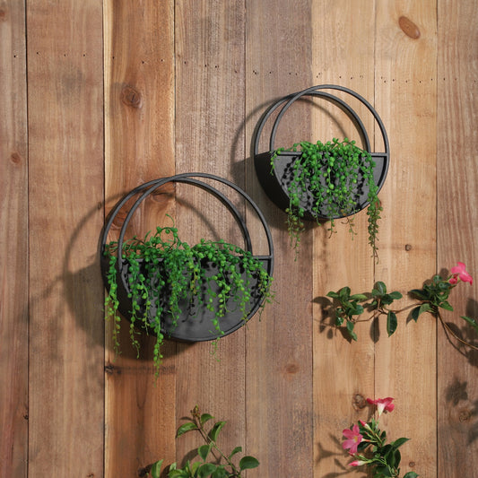 Sagebrook Home Modern Set of 2 Metal Round Wall Planters Black Iron Plant Holders for Indoor/Outdoor - 12" x 4" x 12"