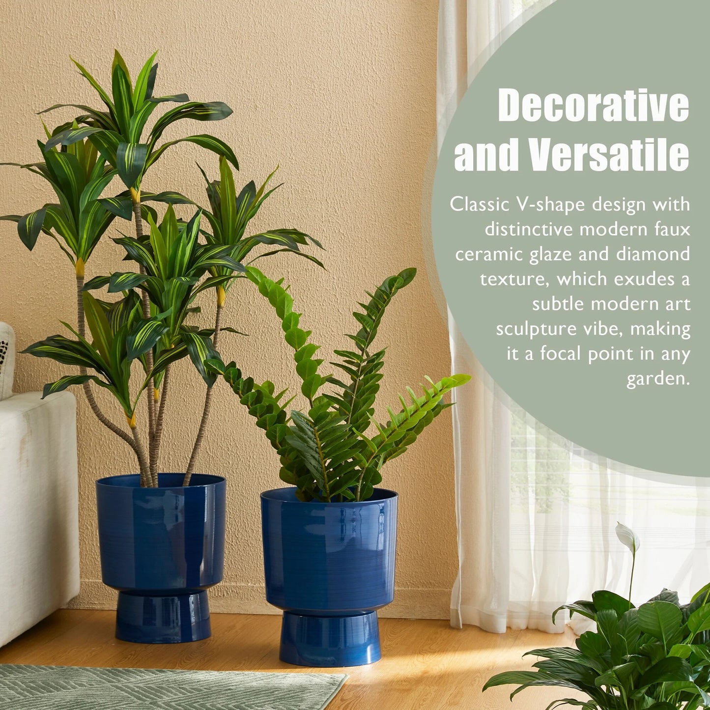 Glitzhome 16.75"H Set of 2 Cobalt Blue Faux Ceramic Urn Plastic Planter with Screw in Base