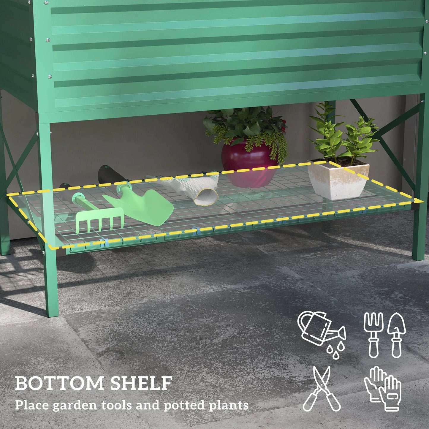 Outsunny Raised Garden Bed with Galvanized Steel Frame, Storage Shelf and Bed Liner, Elevated Planter Box