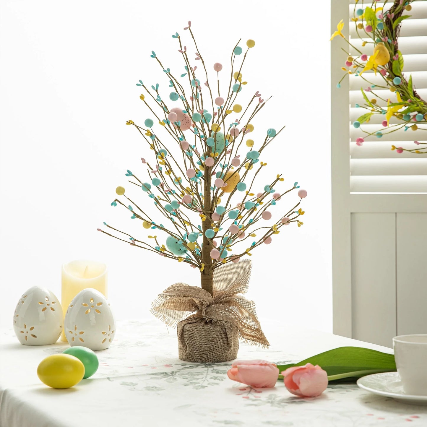 Glitzhome 18"H Easter Eggs Blossom Table Tree Spring Artificial Plants Centerpieces