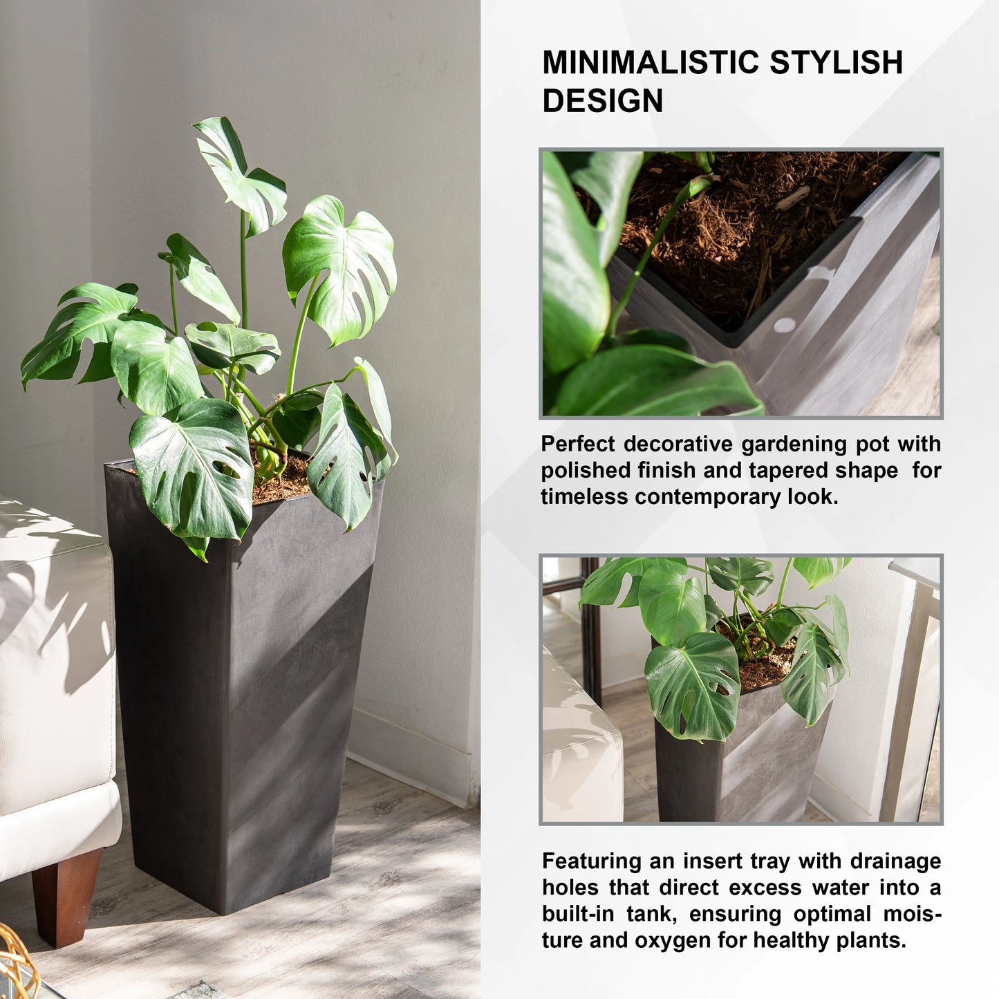 XBrand Modern 28-Inch Tall Square Modern Tapered Indoor & Outdoor Planter