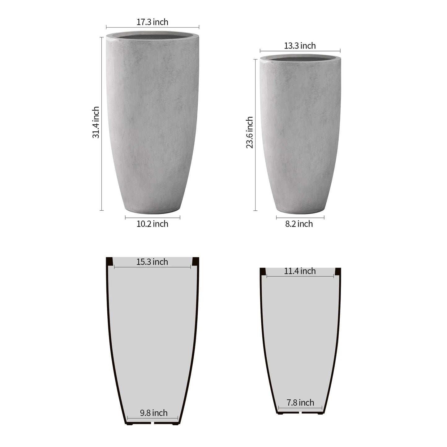 Kante 31.4" and 23.6"H Weathered Finish Concrete Tall Planters (Set of 2), Large Outdoor Indoor