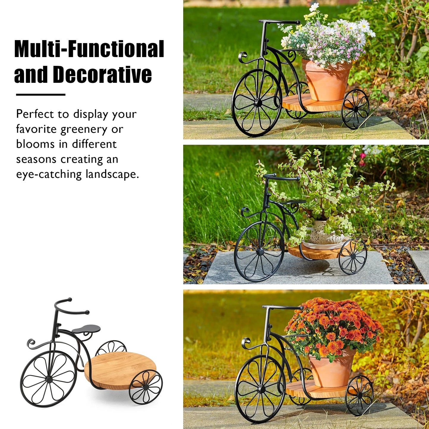 Glitzhome 24"L Spring Metal Tricycle Planter Stands Flower Pot Cart with Wood Trays