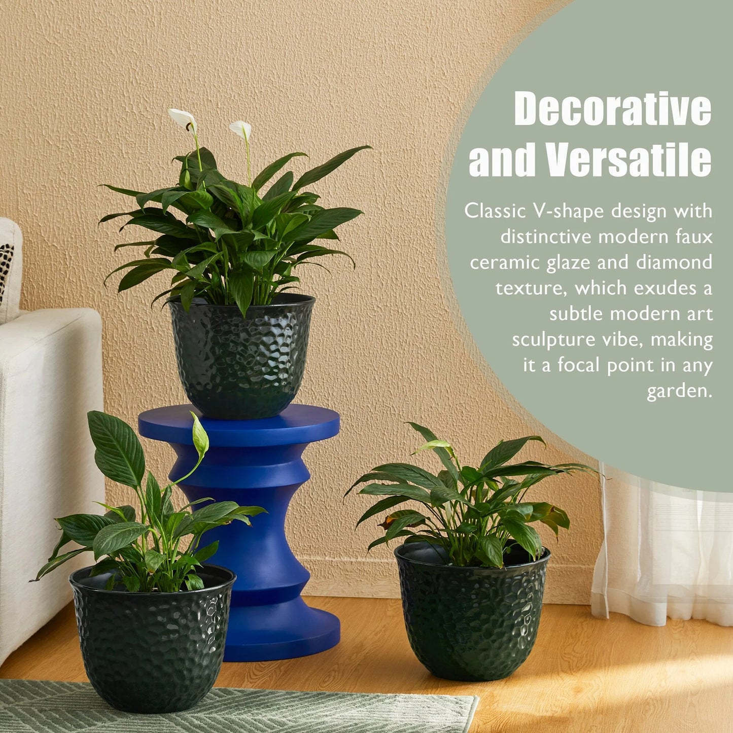 Glitzhome Honeycomb Textured Blue Green Faux Ceramic Pot Plastic Planter(Set of 2 / Set of 3)
