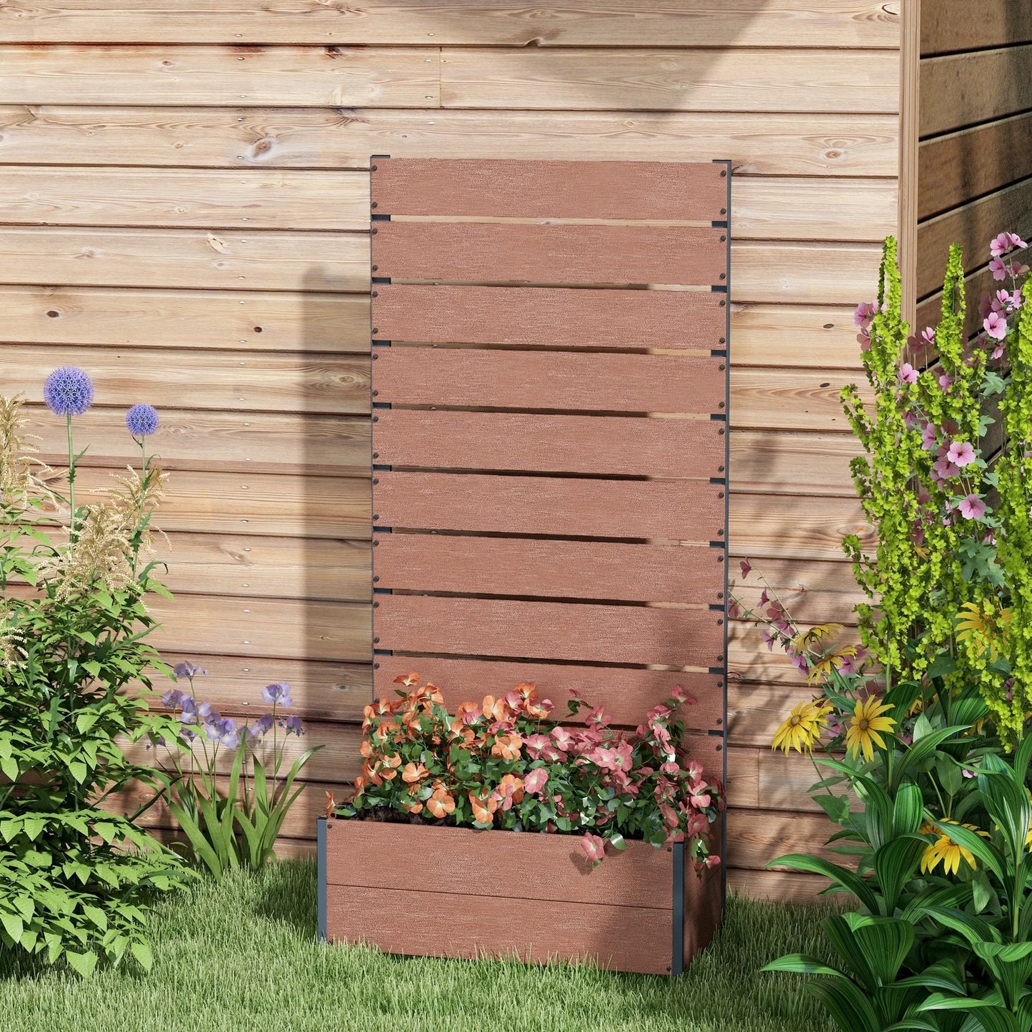 Outsunny Raised Garden Bed with Trellis for Climbing Plants, Planter Box with Drainage Gap, Freestanding Trellis Planter