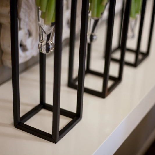Set of 3 Clear Amphorae Vases on Square Tubing Metal Stands