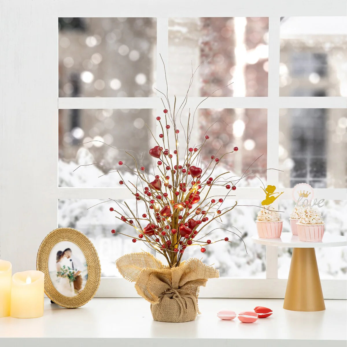 Glitzhome Heart Berry & Fleur-de-Lis Tree Valentine's & Mardi Gras Tree