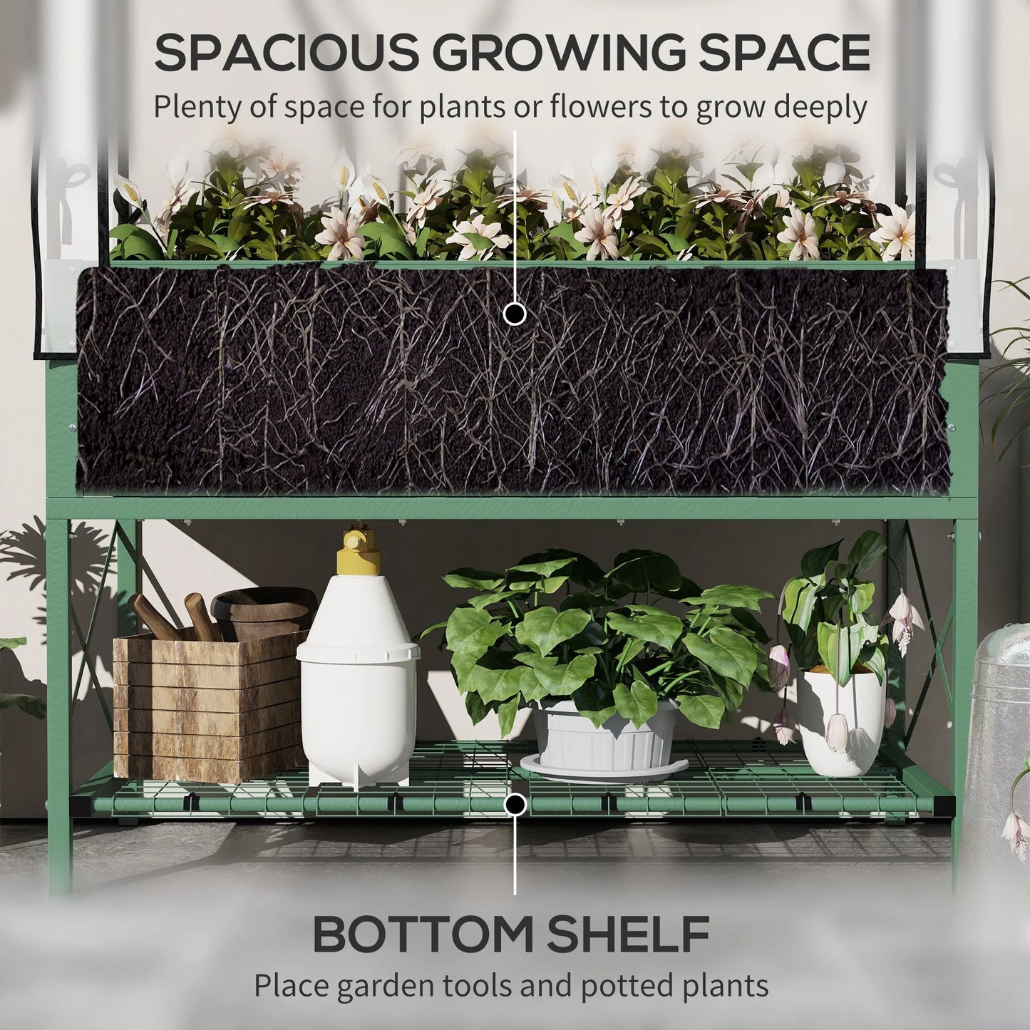 Outsunny Raised Garden Bed with Cover and Storage Shelf, Rectangular Metal Elevated Planter Box