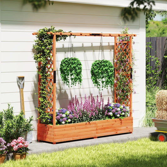 Tall Orange Raised Planter Bed with Climbing Trellis 77" Fir Wood Garden Box with Drainage - 77" x 17" x 72" (L x W x H)