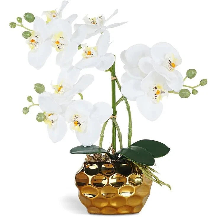 Artificial Orchid Phalaenopsis Plant Including Metallic Vase, 24"