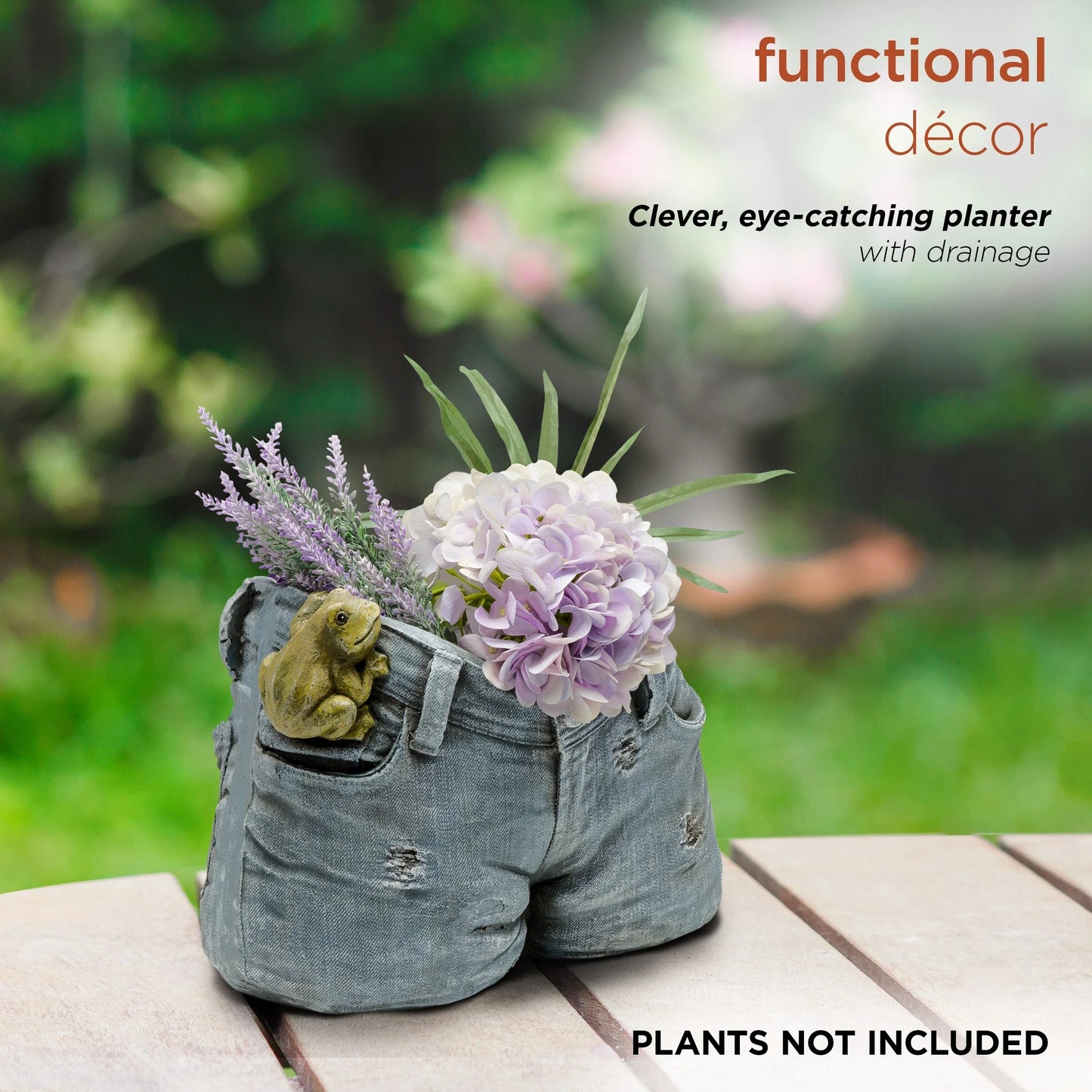 Alpine Corporation 10" Tall Indoor/Outdoor Denim Shorts with Frog Shaped Planter and Yard Decoration - 14"L x 11"W x 10"H