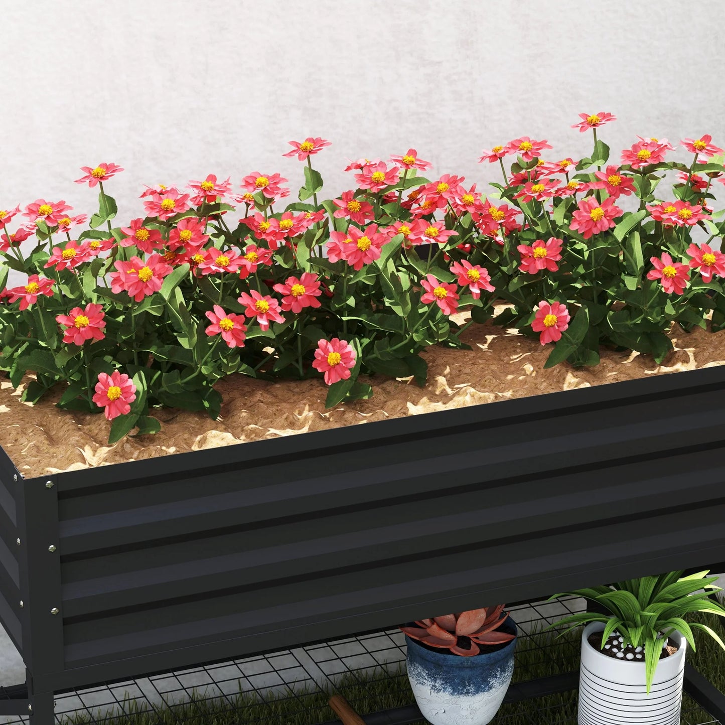 Outsunny Raised Garden Bed with Galvanized Steel Frame, Storage Shelf and Bed Liner, Elevated Planter Box