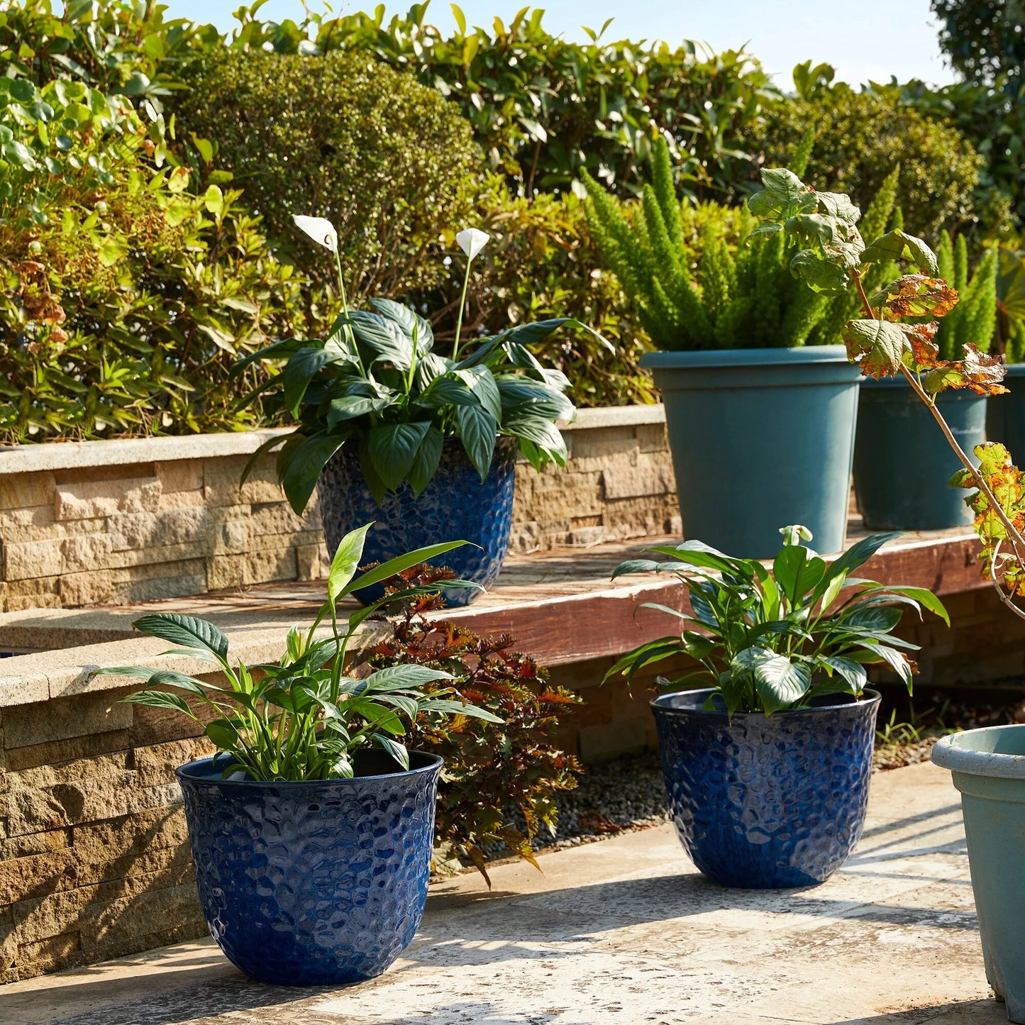Glitzhome Honeycomb Textured Blue Green Faux Ceramic Pot Plastic Planter(Set of 2 / Set of 3)