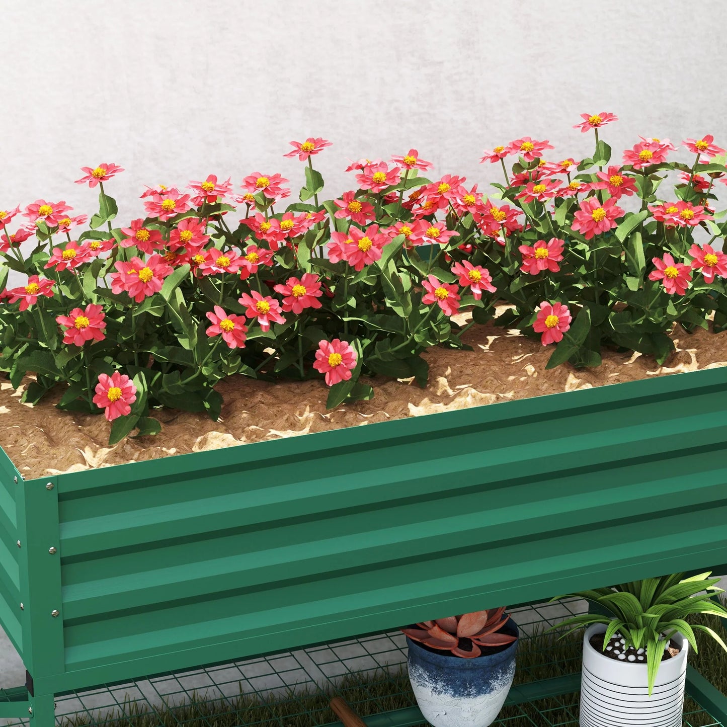 Outsunny Raised Garden Bed with Galvanized Steel Frame, Storage Shelf and Bed Liner, Elevated Planter Box