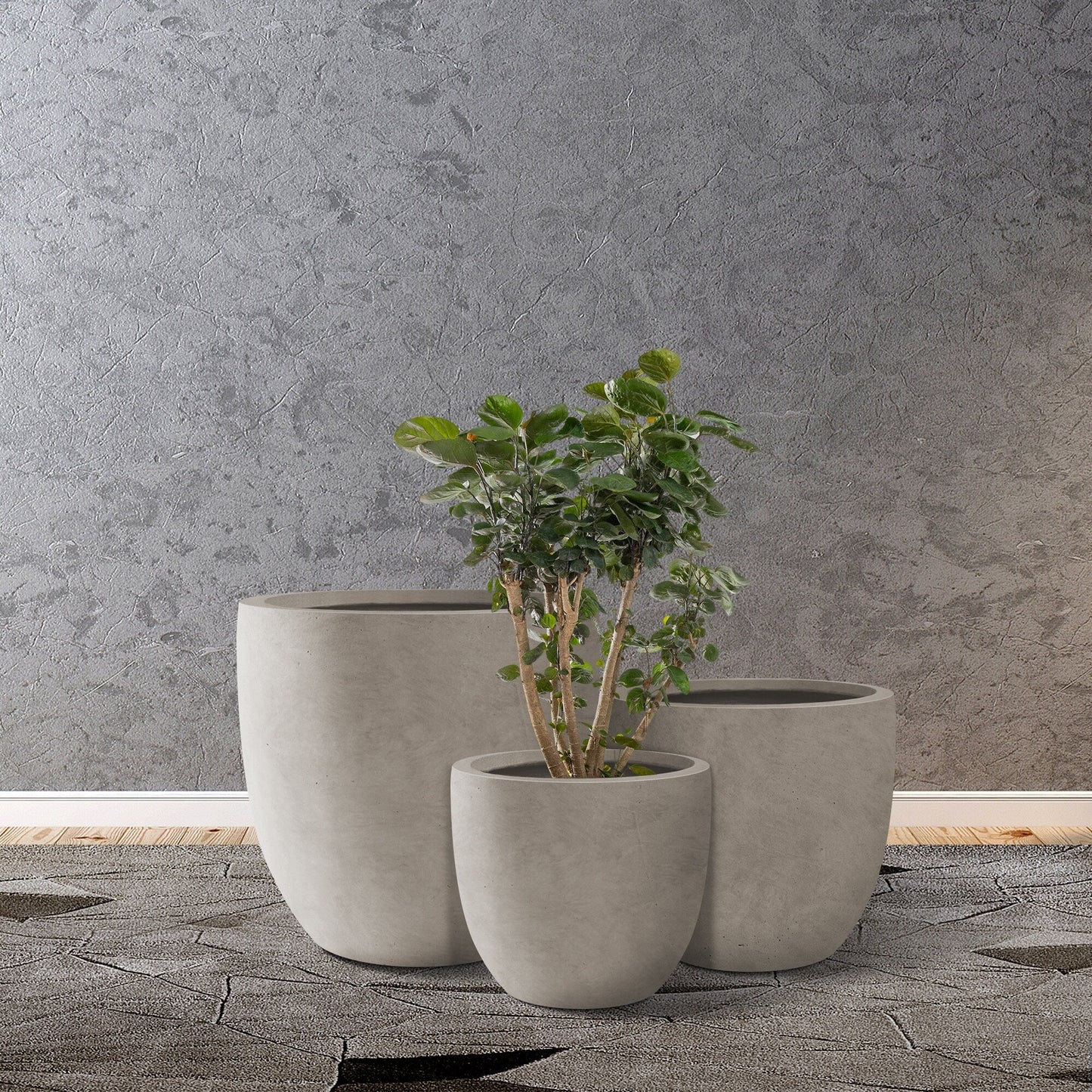 Kante 18", 14", 10"W Weathered Concrete Round Planters (Set of 3), Outdoor/Indoor, Modern, Lightweight