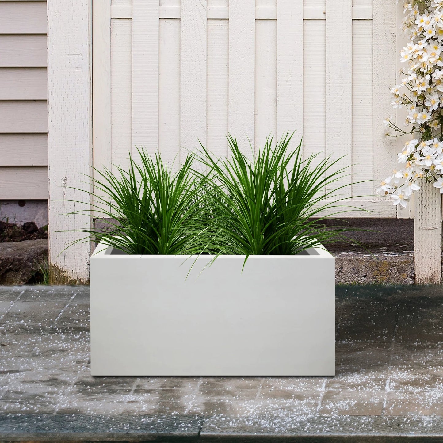 Kante Rectangular Pure White Concrete Metal Indoor Outdoor Planter Pot, w/ Drainage Hole for Patio, Home and Garden
