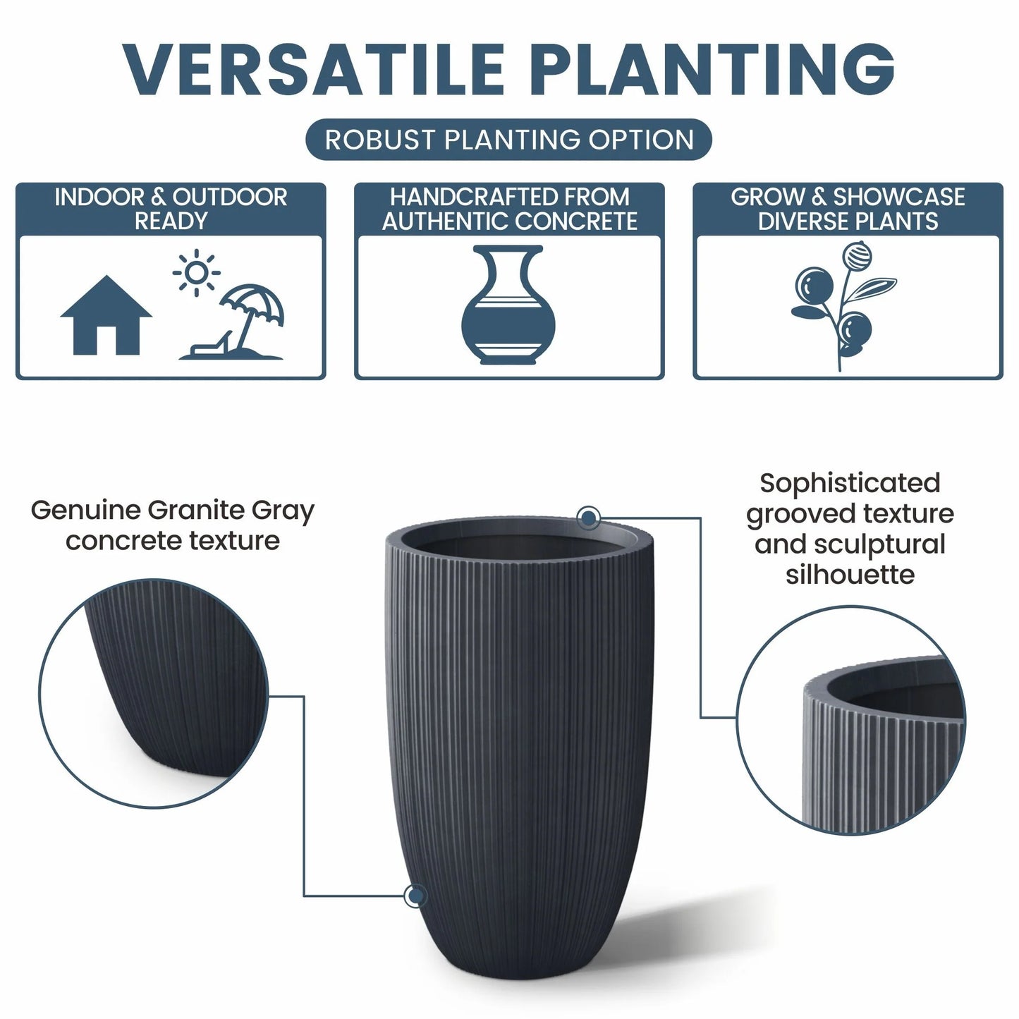 Textured Granite Gray Tall Concrete Round Plant Pots / Large Indoor and Outdoor flower Planters (13.5 Inch x 24.5 Inch)