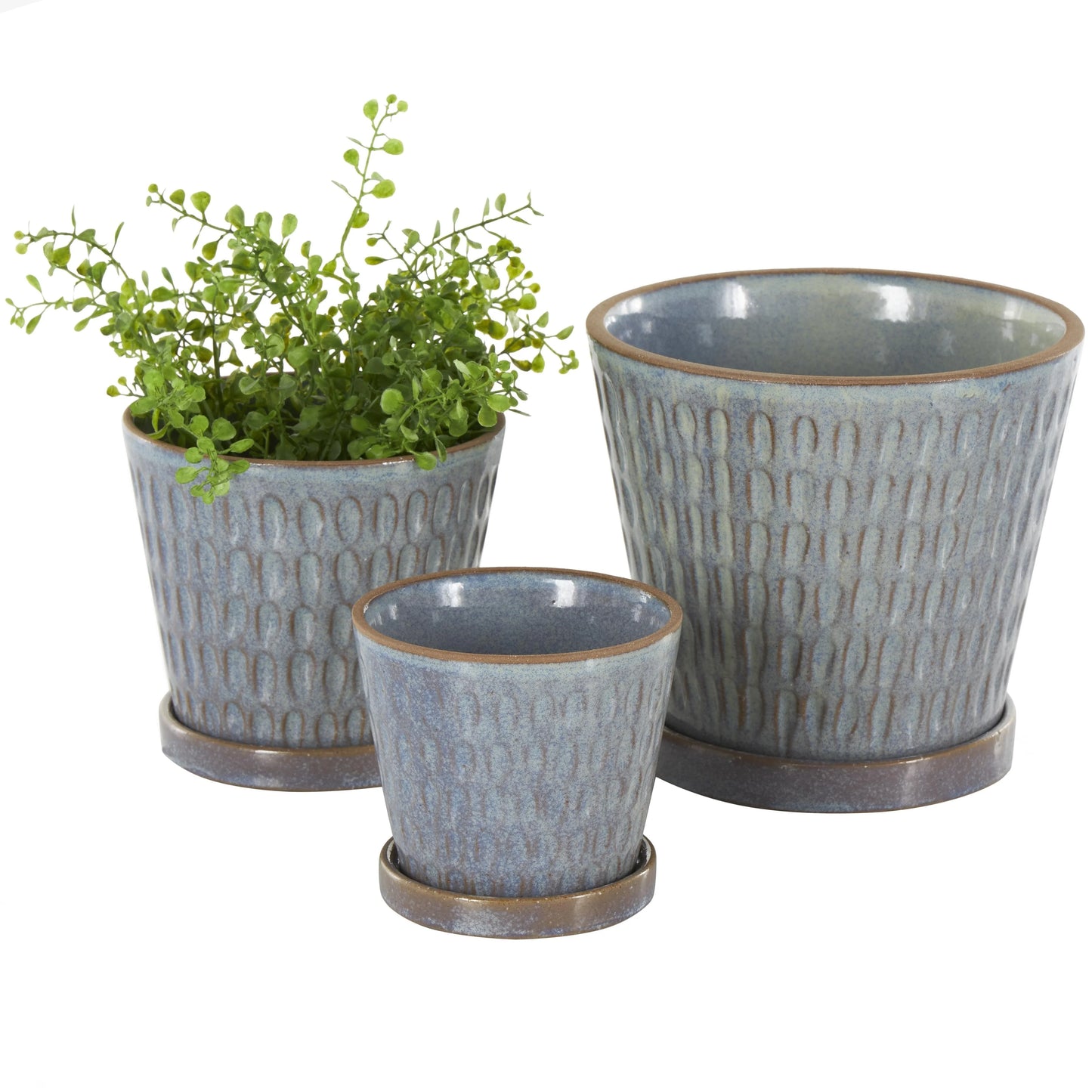 Ceramic Geometric Oval Patterned Indoor Outdoor Planter with Brown Accents and Base Tray - Set of 3 Blue - Roche River Decor