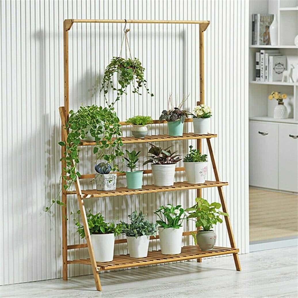 3 Tier Bamboo Hanging Plant Stand Ladder Flower Rack Hanging Baskets