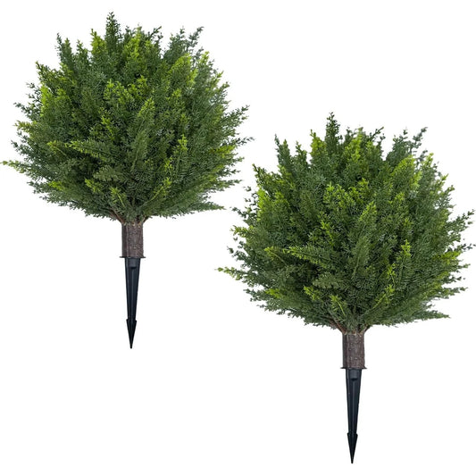 24.4" Artificial Topiary Ball Trees, 2 Pack UV Resistant Fake Bushes with Ground Spike