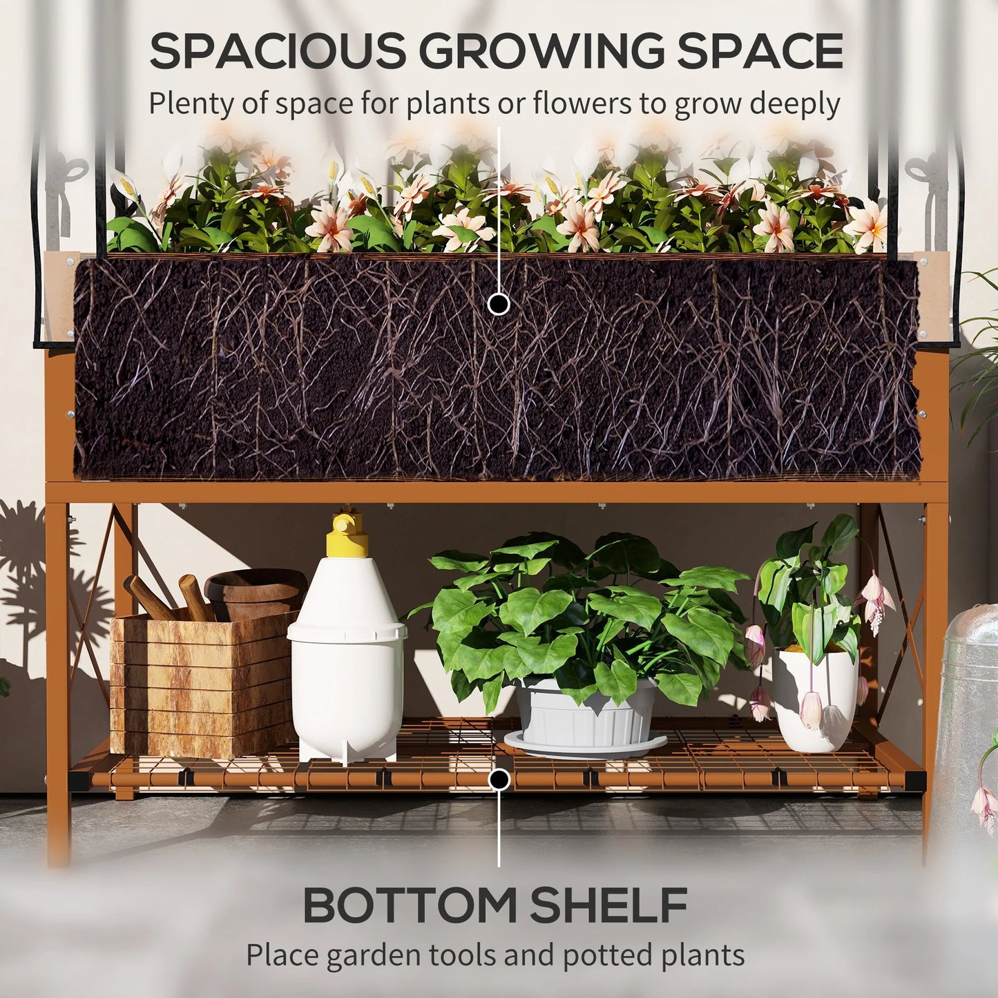 Outsunny Raised Garden Bed with Cover and Storage Shelf, Rectangular Metal Elevated Planter Box