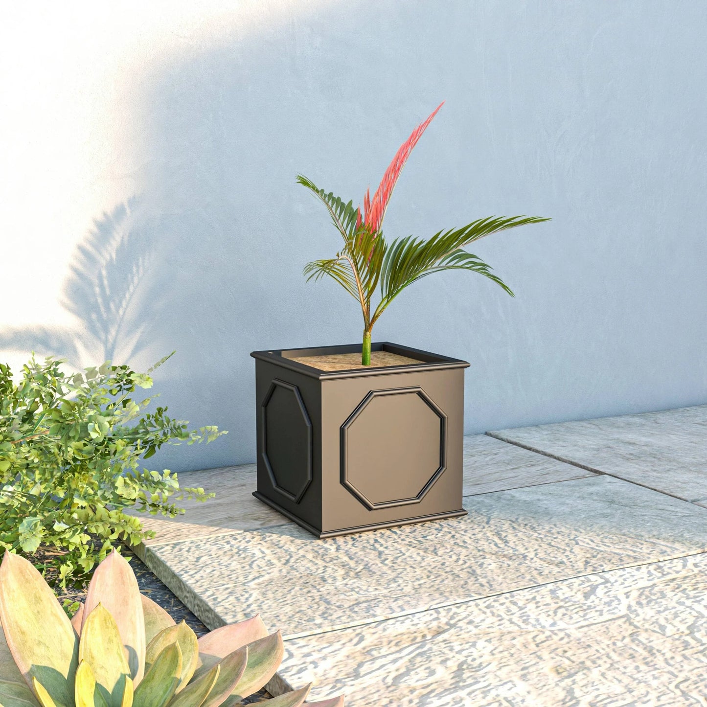 Sprout Modern Fiberstone and MgO Clay Square Planter Pot with Drainage for Home Garden Yard Patio Porch Office Decor