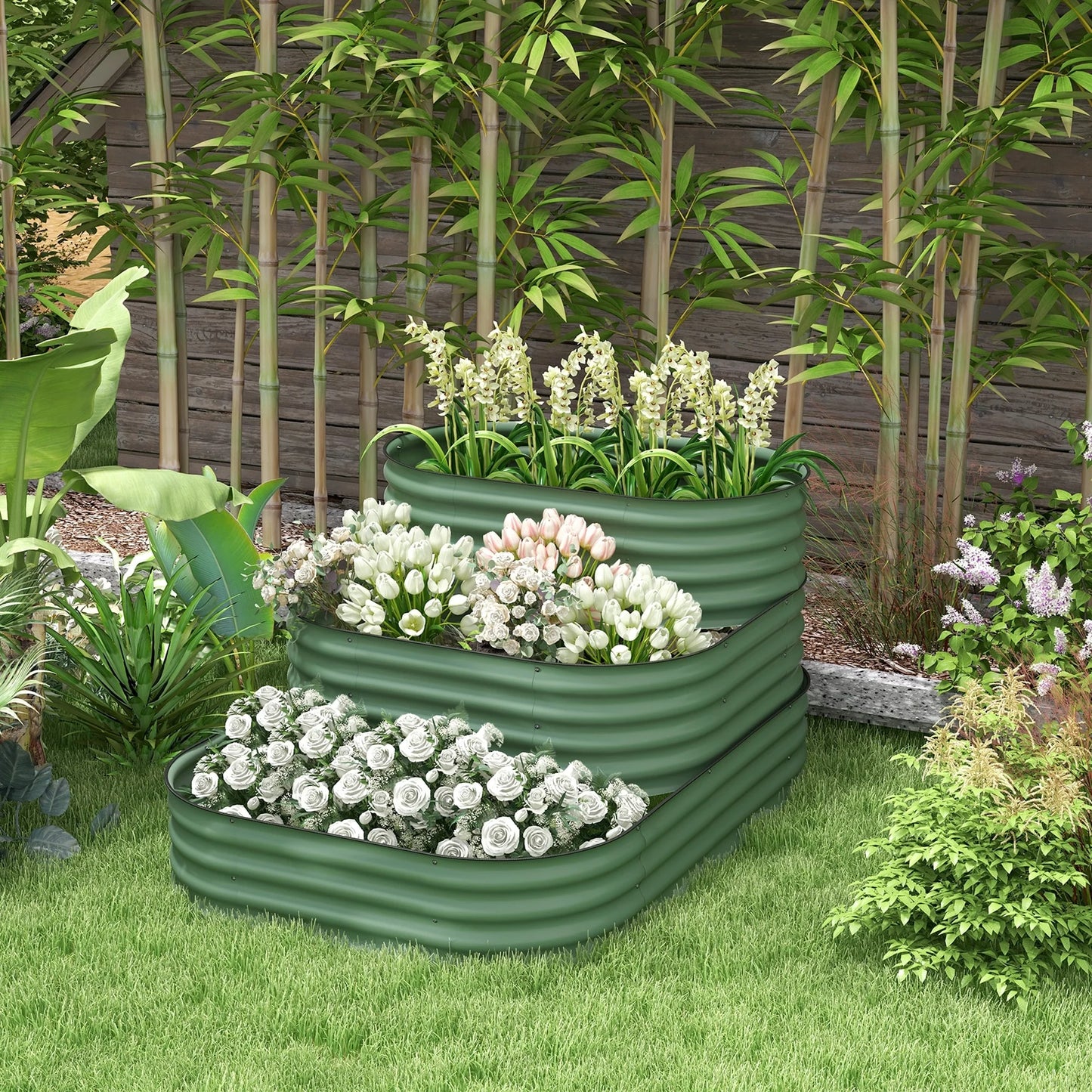Outsunny 3-Tier Galvanized Steel Raised Garden Bed Kit, 62.25" x 43" x 32.25", 3 Combining Planter Boxes