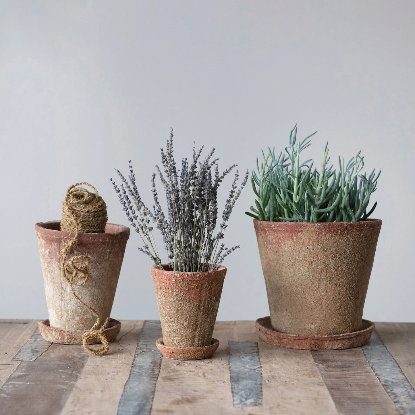 Cement Planter with Saucer, Distressed Terra-cotta Finish