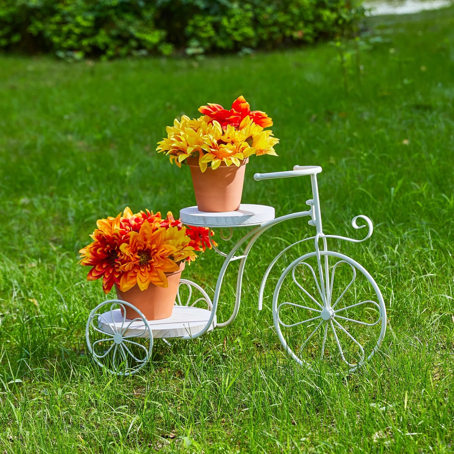 Glitzhome 24"L Spring Metal Tricycle Planter Stands Flower Pot Cart with Wood Trays