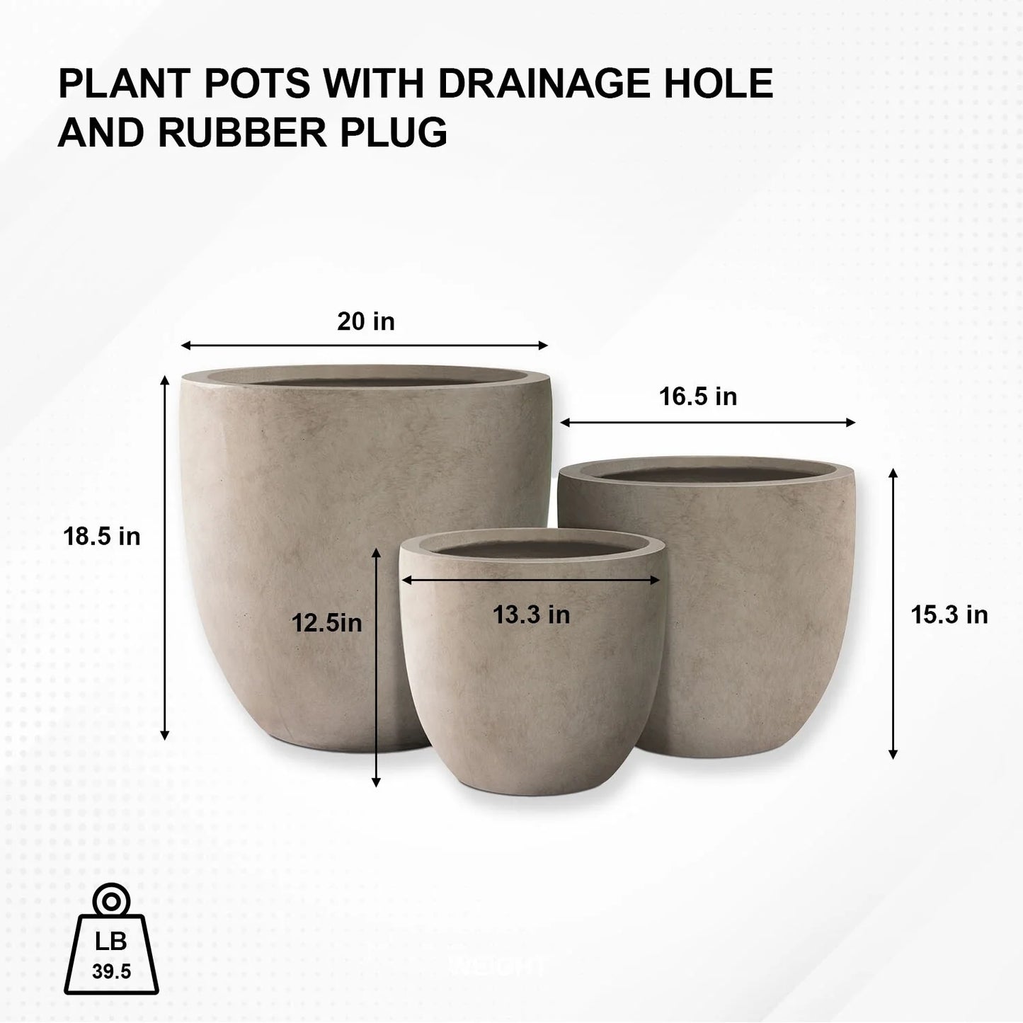 Kante 20", 16.5", 13.3"W Weathered Finish Round Concrete Planters (Set of 3), Outdoor/Indoor Decorative Pots w/ Drainage Hole