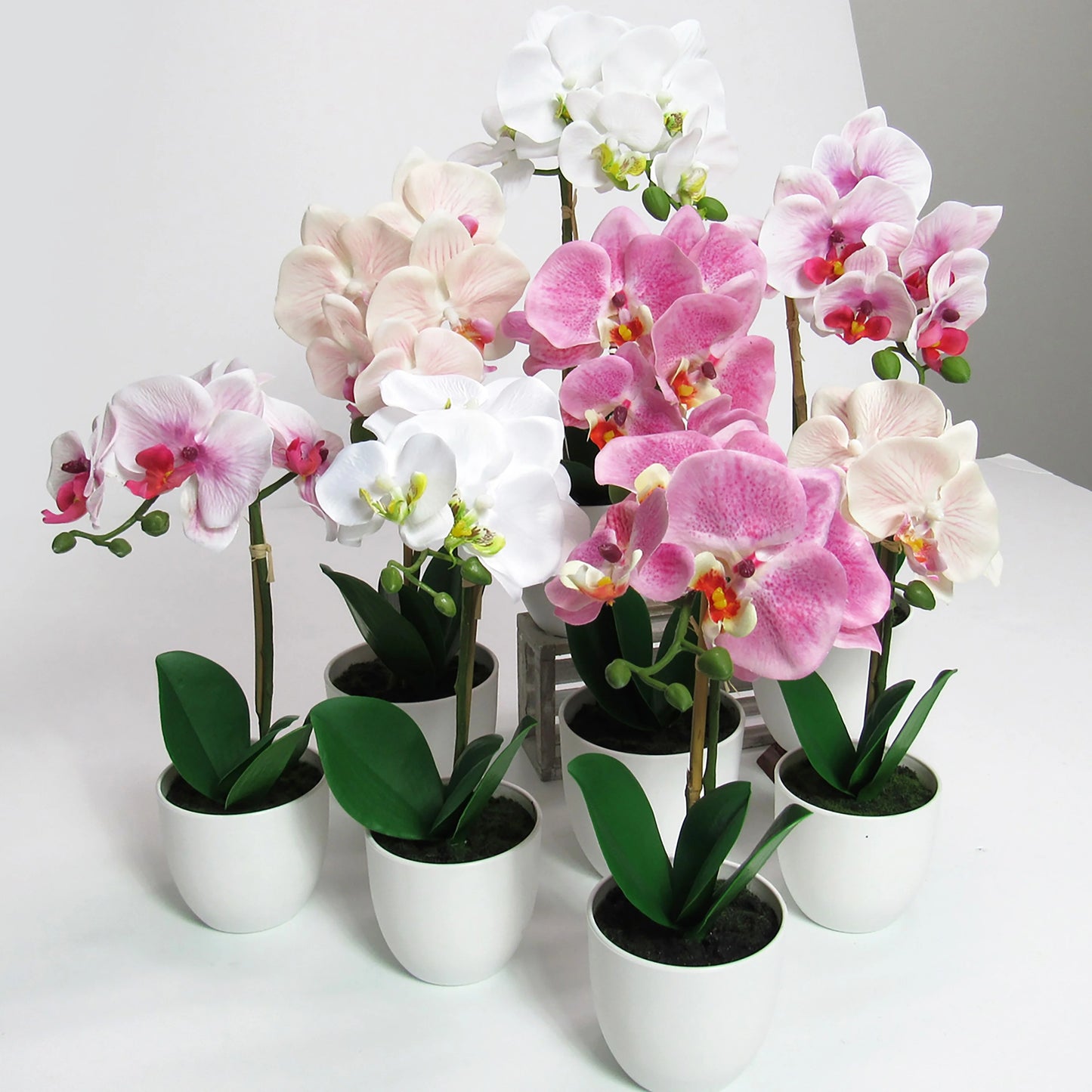 Artificial Phalaenopsis Orchid Flower Arrangement in White Pot 17in