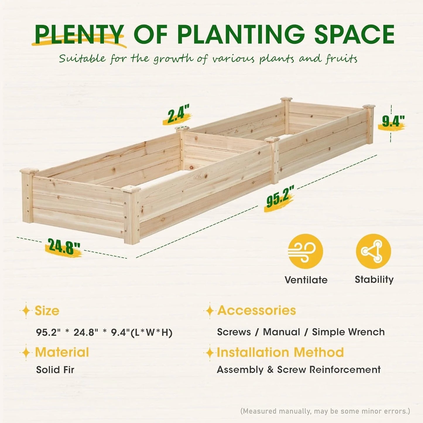 SUNCROWN 8 FT Wooden Raised Garden Bed Outdoor Elevated Flower Planter Box