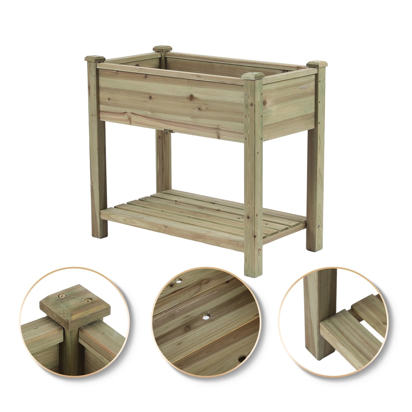 29.9" H Natural Wood Rectangular Raised Garden Planter with Shelf