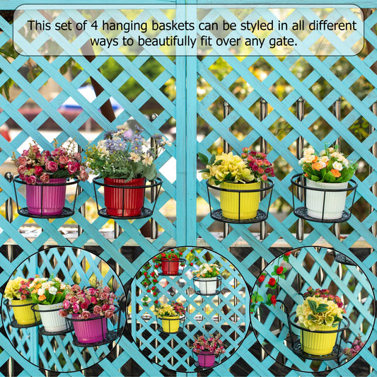 Gardenised Set of 4 Decorative Round Iron Hanging Bucket Style Plant Pot Holders and Flower Baskets with Hooks for Railing Fence