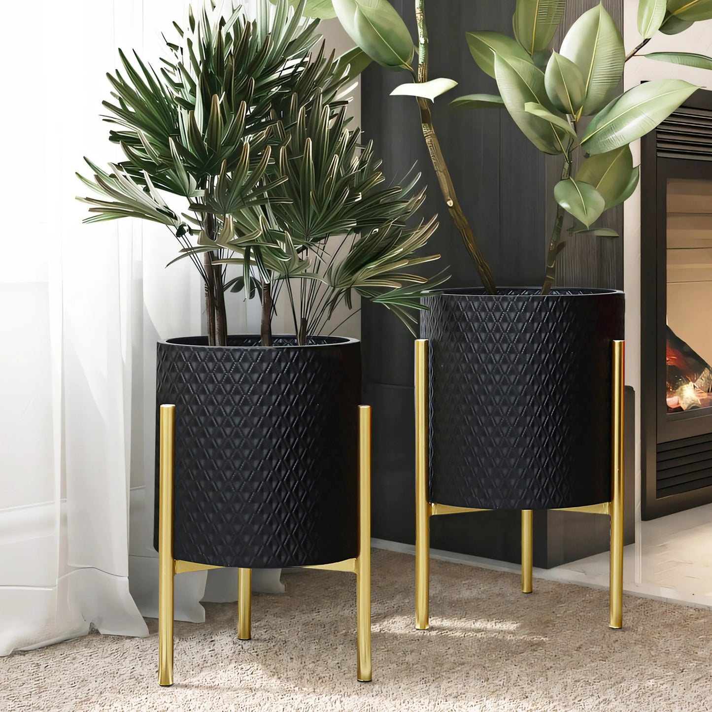 2-Piece Handmade Diamond Pattern Metal Pot Planter with Gold Stand Set