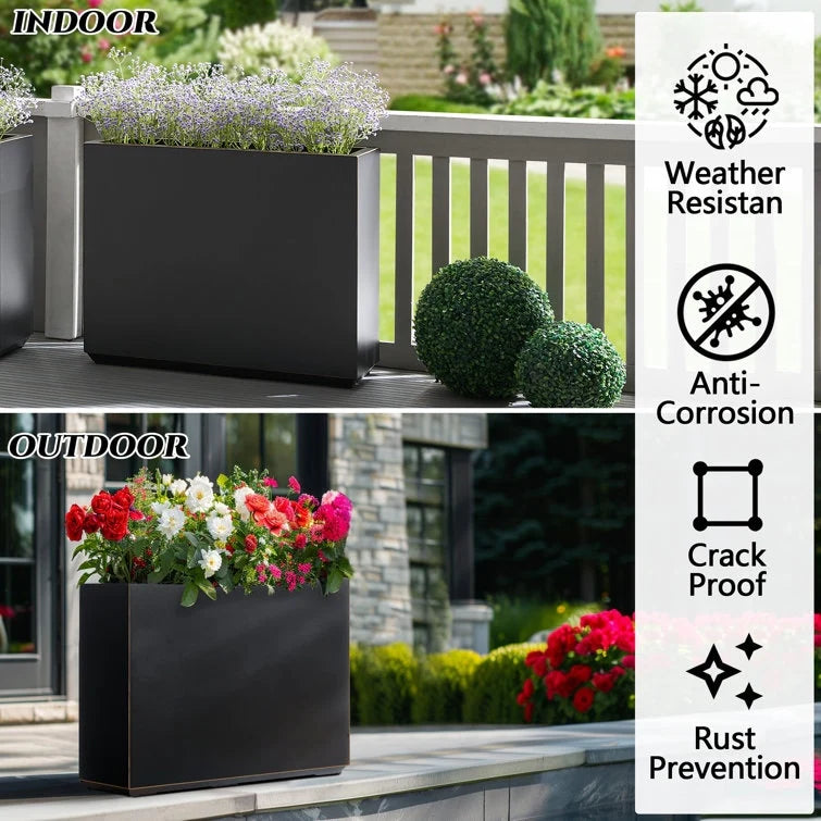 Metallic Heavy Planter for Outdoor Plants, 24.02" H x 30" W x 9.84" D	Tall and Long Metal Divider Planter Box