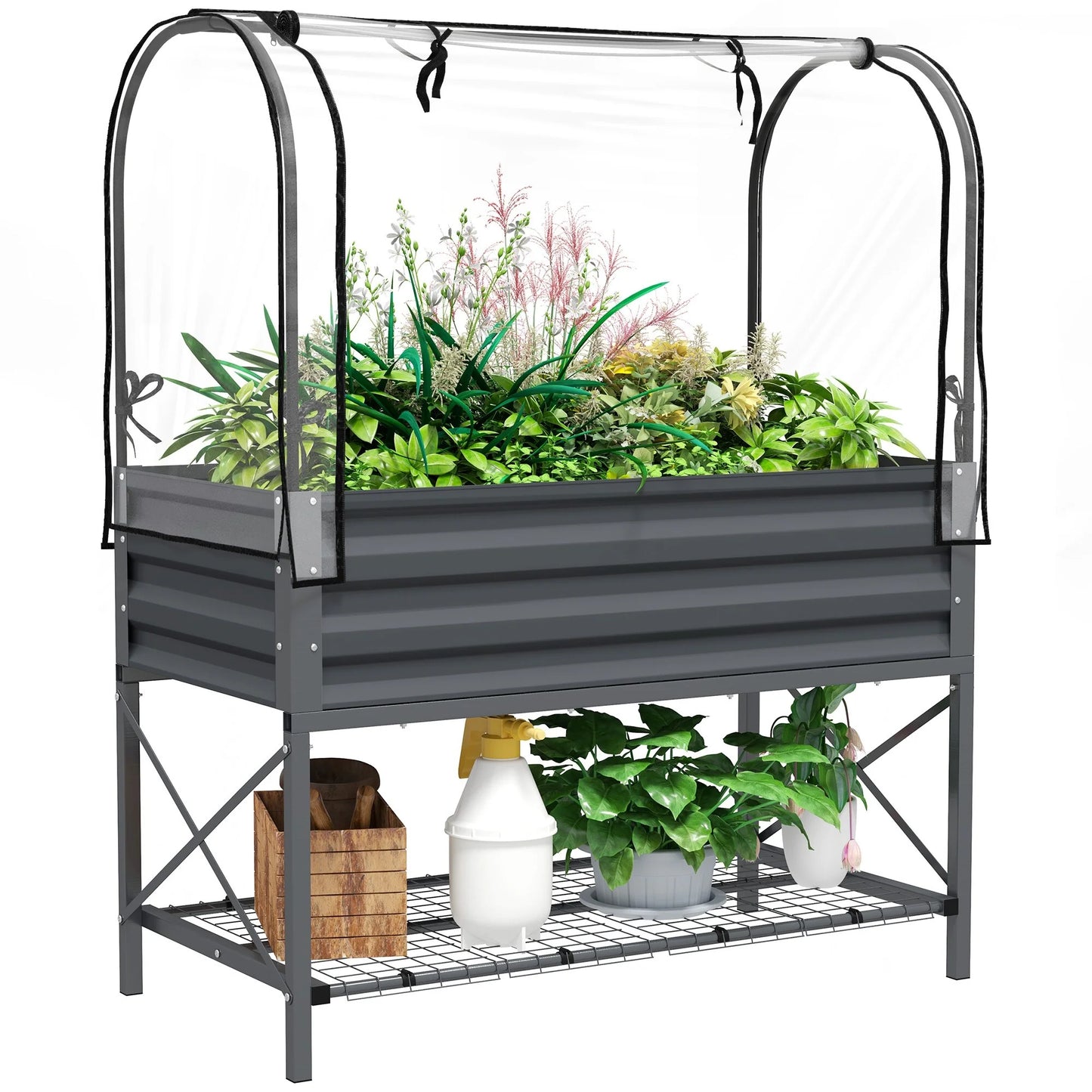 Outsunny Raised Garden Bed with Cover and Storage Shelf, Rectangular Metal Elevated Planter Box