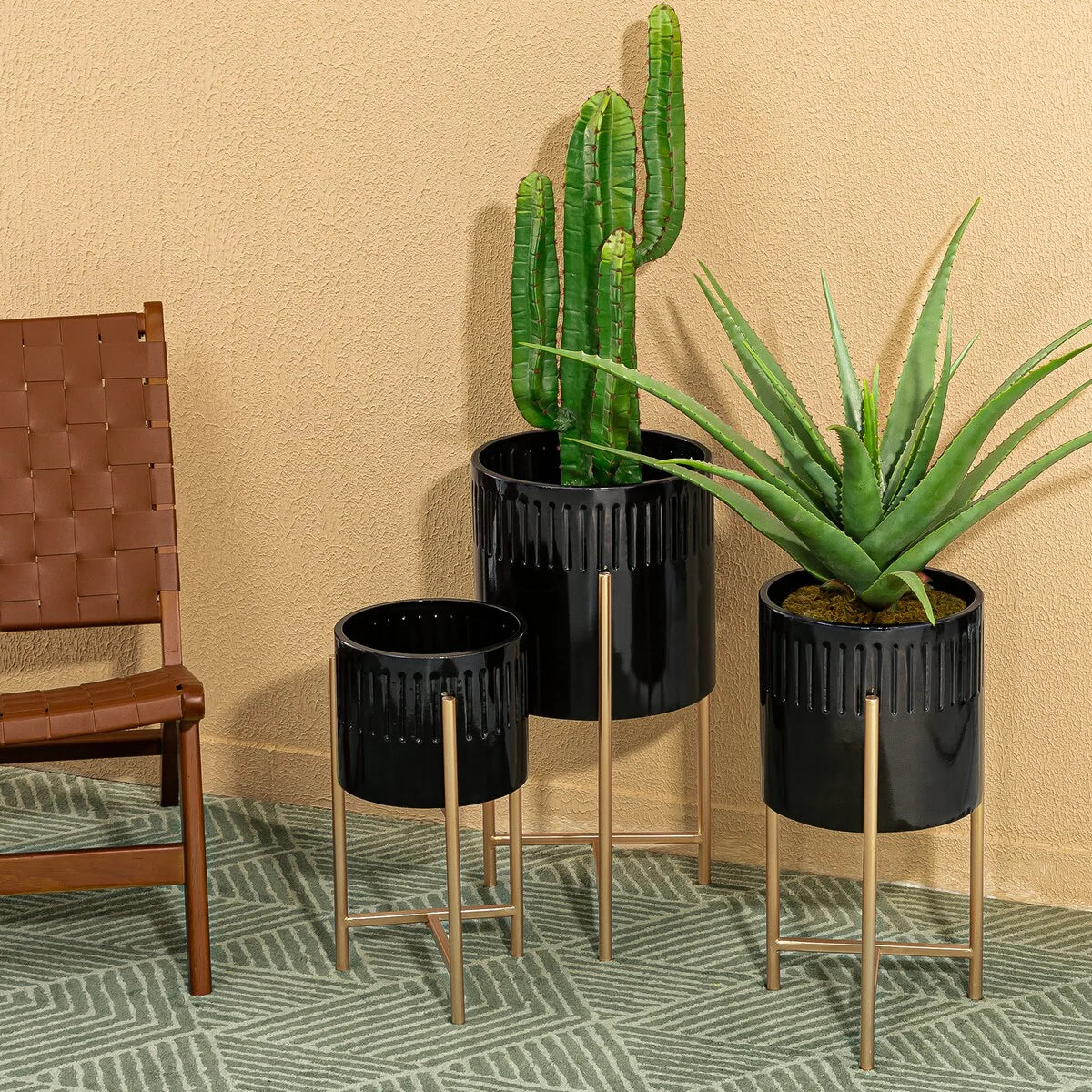 Glitzhome Set of 3 Modern Metal Cachepot Planters with Stands Plant Flower Pot Indoor Outdoor