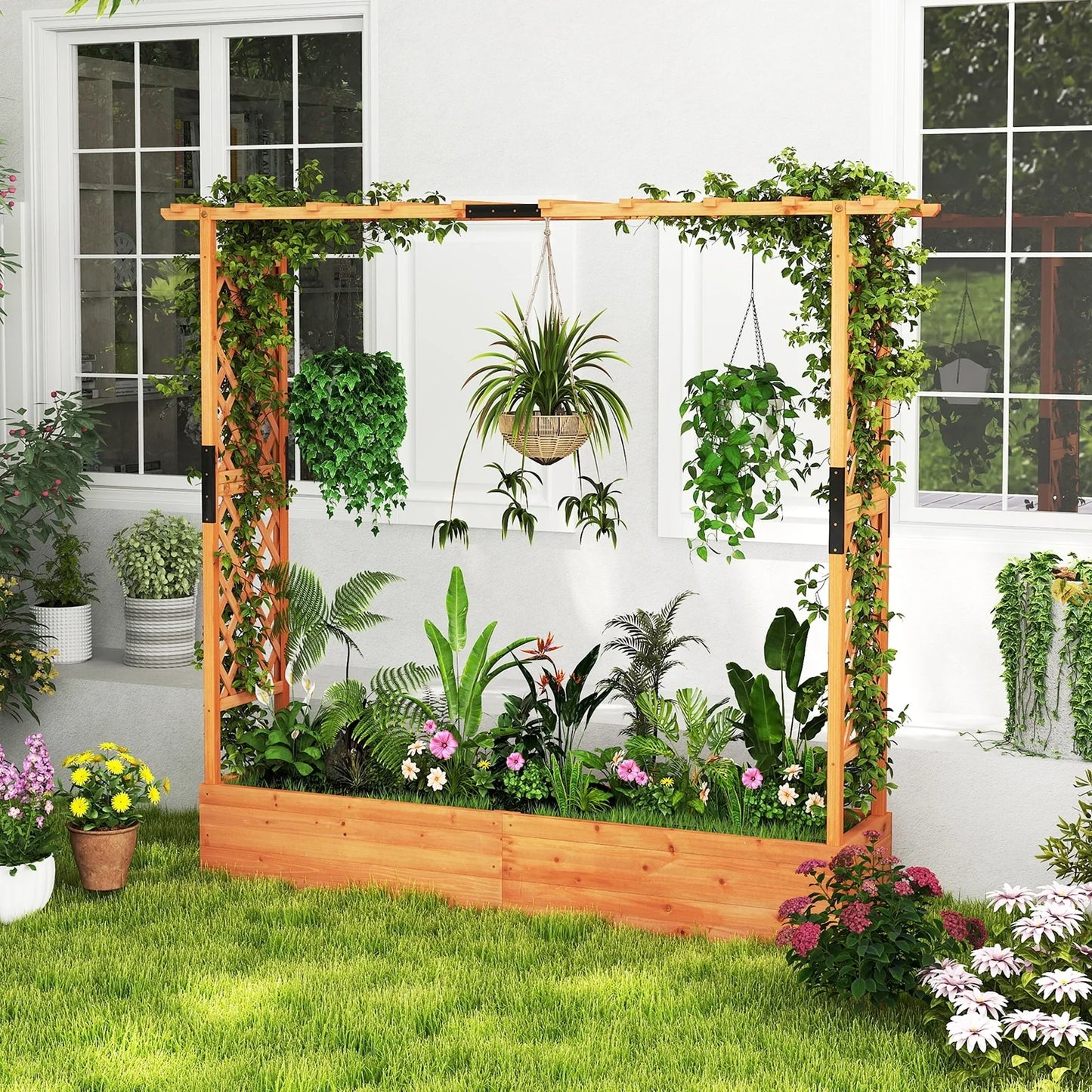 Tall Orange Raised Planter Bed with Climbing Trellis 77" Fir Wood Garden Box with Drainage - 77" x 17" x 72" (L x W x H)