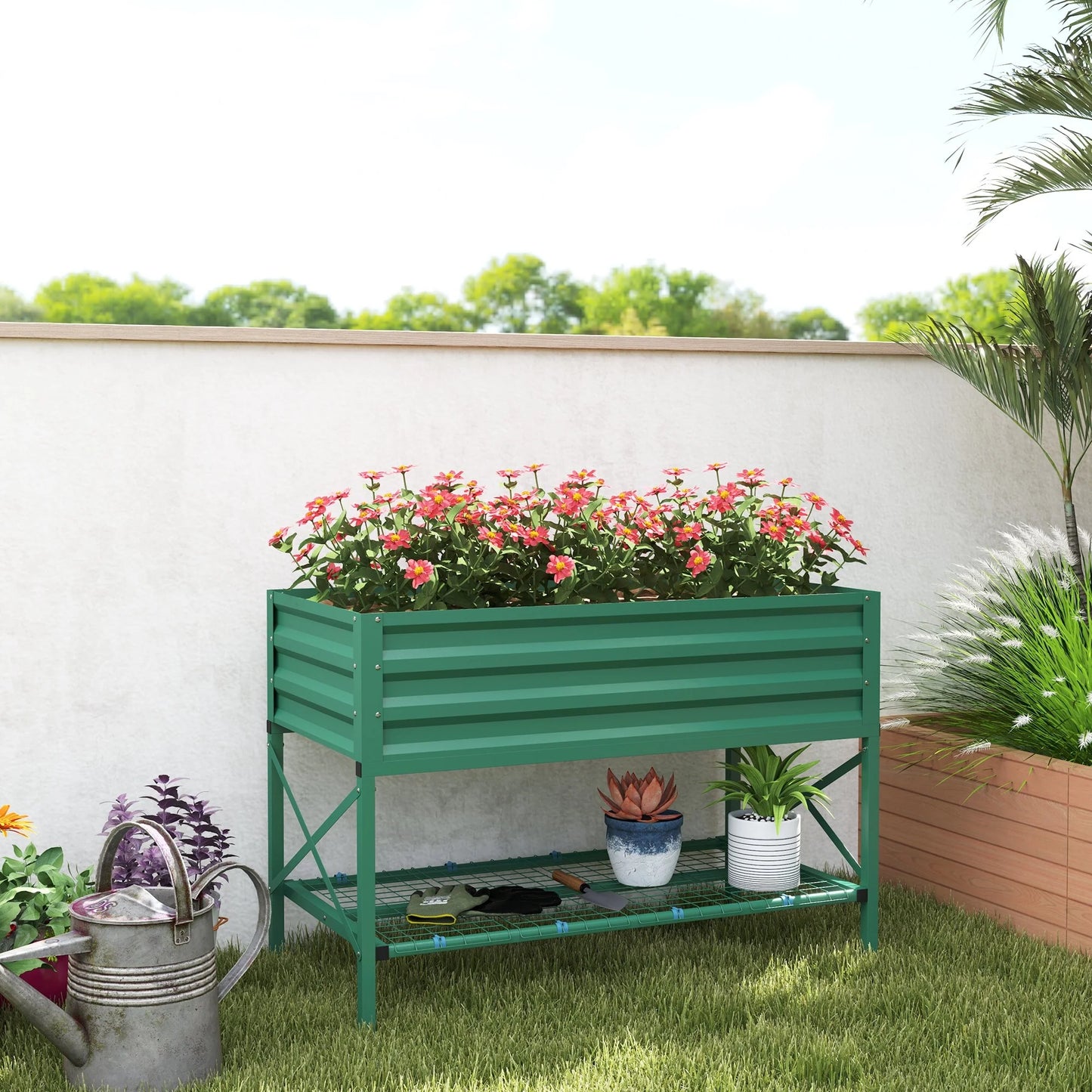 Outsunny Raised Garden Bed with Galvanized Steel Frame, Storage Shelf and Bed Liner, Elevated Planter Box