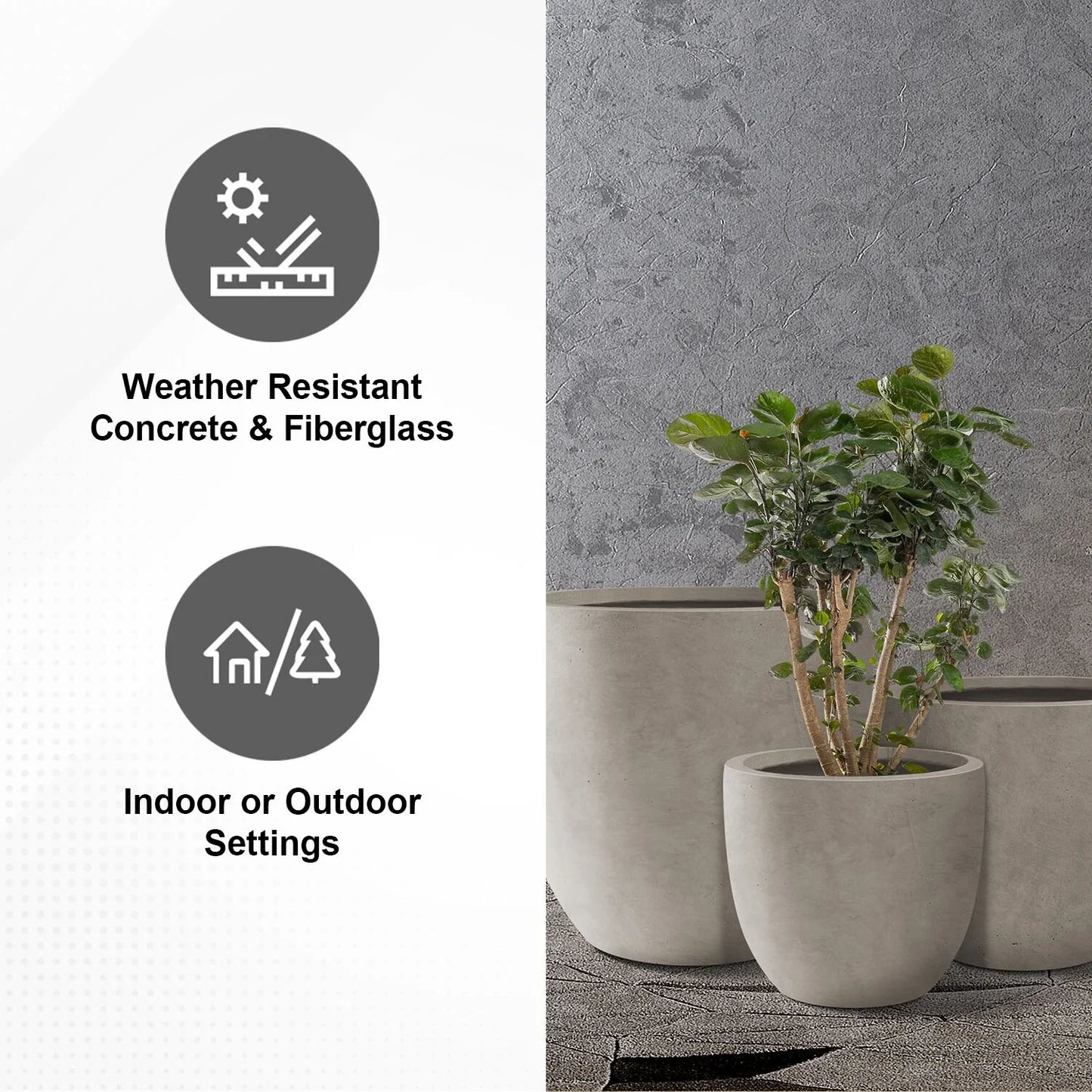 Kante 20", 16.5", 13.3"W Weathered Finish Round Concrete Planters (Set of 3), Outdoor/Indoor Decorative Pots w/ Drainage Hole