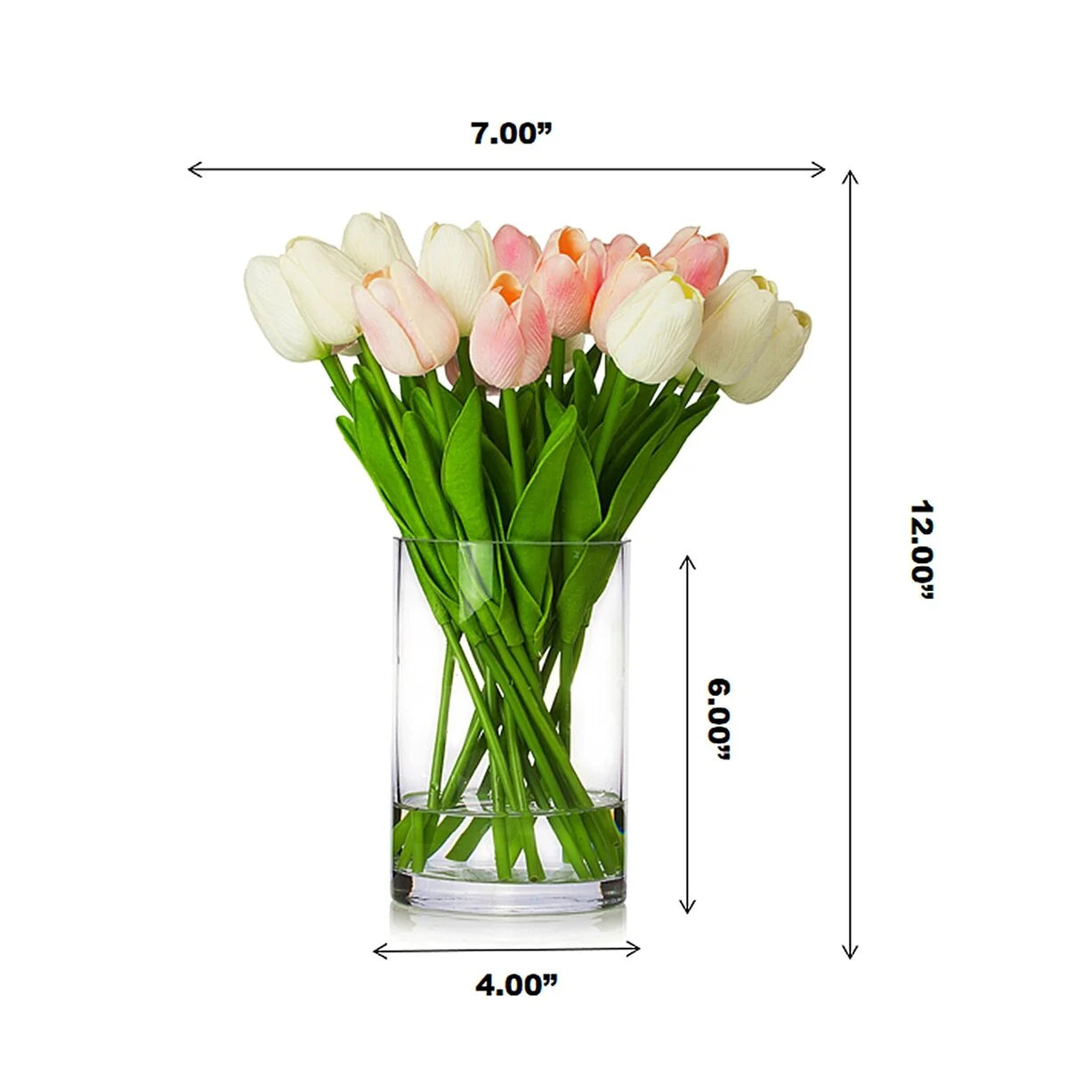Enova Home 20 Pieces Artificial Real Touch Tulips Fake Silk Flowers Arrangement in Glass Vase with Faux Water for Home Decor