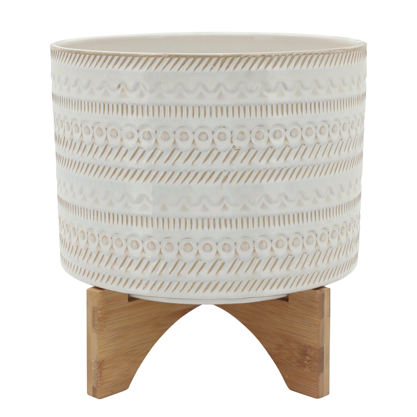 Sagebrook Home Tribal Ceramic Planter Pot with Natural Wood Stand