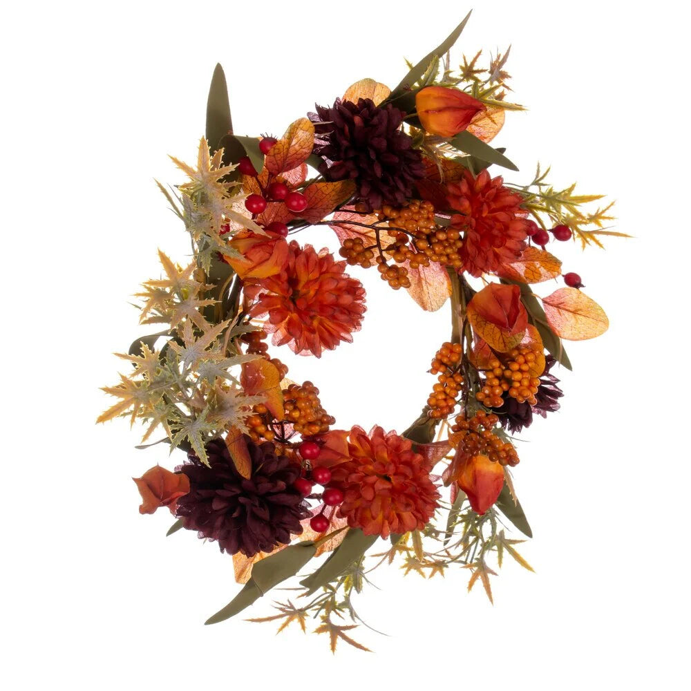 Vickerman 14" Orange and Burgundy Artificial Mixed Mum, Chinese Lantern, and Berry Wreath Candle Ring.
